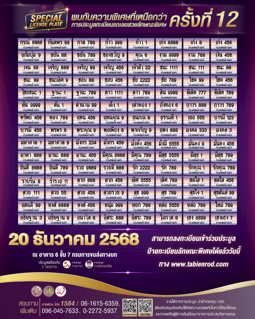 20 ธ.ค.นี้!! ชวนประมูลป้ายสวยพิเศษ ไฮไลต์ “งาม 9999 – มังกร 234”