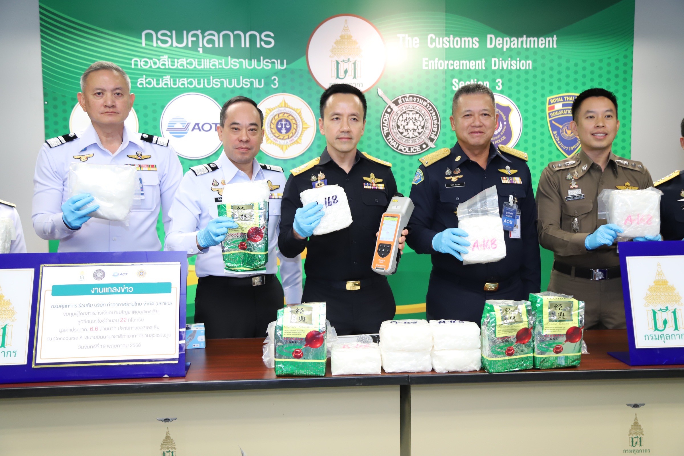 “สนามบินสุวรรณภูมิ” แถลงผลการจับกุมผู้โดยสารลักลอบส่งออกไอซ์ กว่า 6.6 ล้านบาท