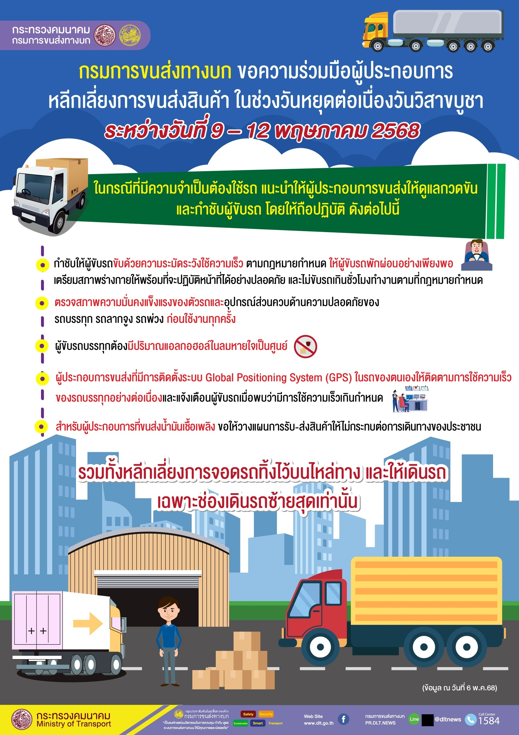 วอนผู้ประกอบการเลี่ยงขนส่งสินค้า หยุดยาววันวิสาขบูชา 9 – 12 พ.ค.นี้