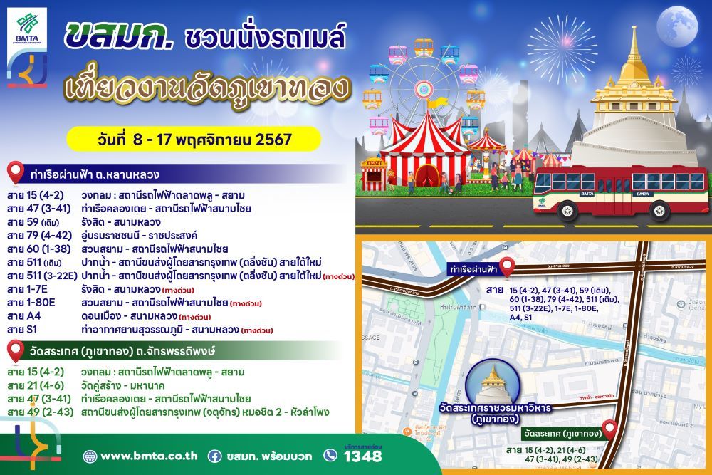 ชวนนั่งรถเมล์สุดชิล!! เที่ยวงานวัดภูเขาทอง 8 – 17 พ.ย.นี้ เช็กที่นี่สายไหนผ่านบ้าง??